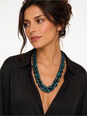 VTG Art To‎ Wear Handmade Teal Beaded Double Strand Statement Necklace 9-12”